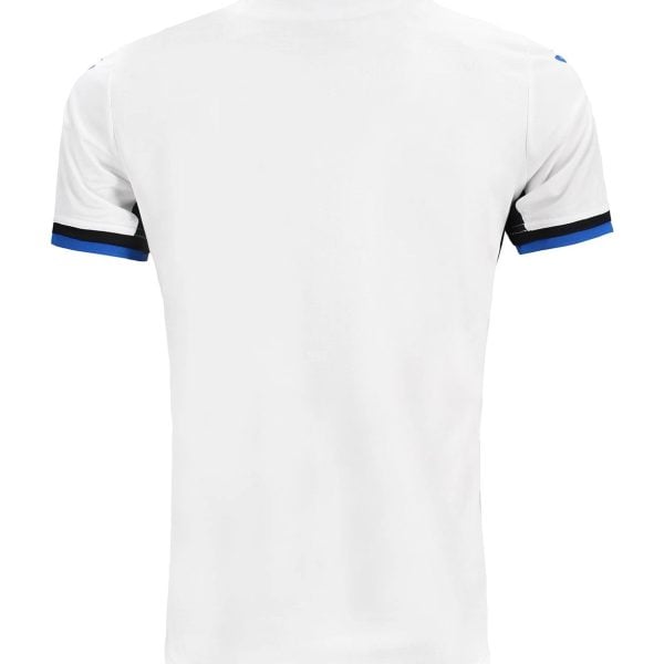 Back view of a white polo shirt with blue collar trim and blue-black sleeve cuffs.