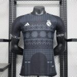Mannequin wearing a dark Real Madrid football jersey with geometric patterns, Real Madrid crest, and Adidas logo on the chest.