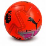 Orange Premier League soccer ball with black Puma logo and geometric line patterns, on a white background.