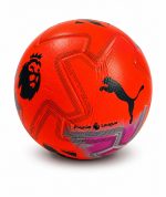 Orange Premier League soccer ball with black Puma logo and geometric line patterns, on a white background.