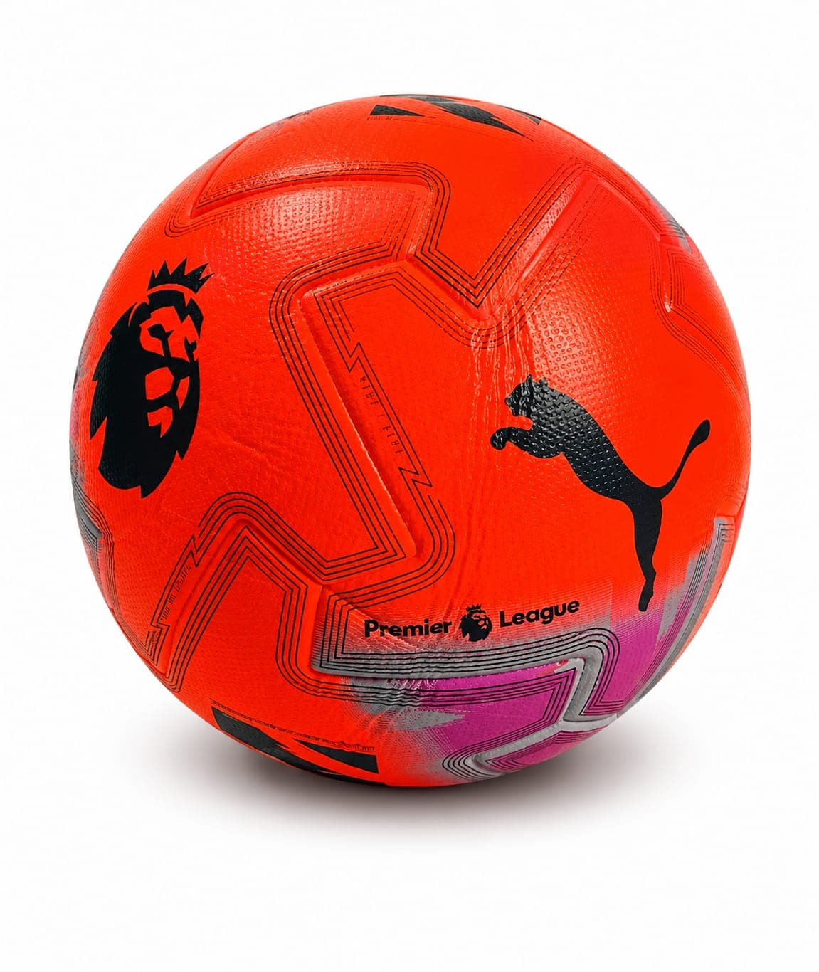 9f52b7c0-ea37-4952-9e3e-3dd020a2f950 | UAE SPORT STORE Orange Premier League soccer ball with black Puma logo and geometric line patterns, on a white background.