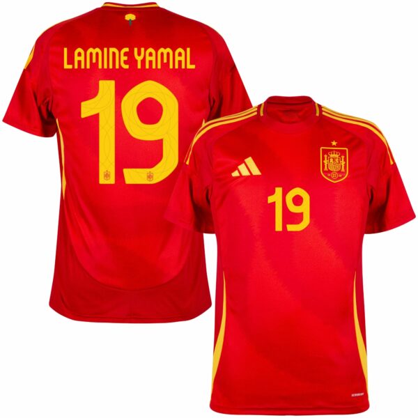 Red Spain national team jersey with yellow 'Lamine Yamal' name and number 19 on back, crest visible on front?