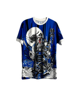 Blue crew-neck T-shirt with a black-and-white samurai warrior, dragon, and Japanese kanji print across the front.