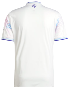 Back view of a white polo shirt with pastel tie-dye sleeves, purple trim on the sleeves and collar, and a small embroidered 'HV' logo near the neckline.