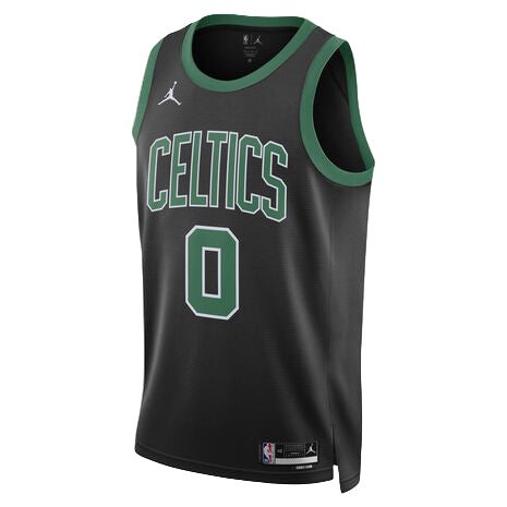 A4 Black Celtics basketball jersey with green trim and the number 0 displayed on front; away game uniform style.