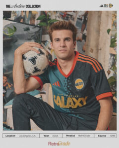A6tcCeey9RAEUbV | UAE SPORT STORE Retro-styled portrait of a man in a Los Angeles Galaxy soccer jersey holding a soccer ball.
