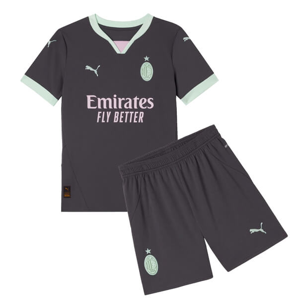 Dark gray soccer jersey with mint trim and matching shorts, featuring Emirates Fly Better sponsorship and Puma logos.