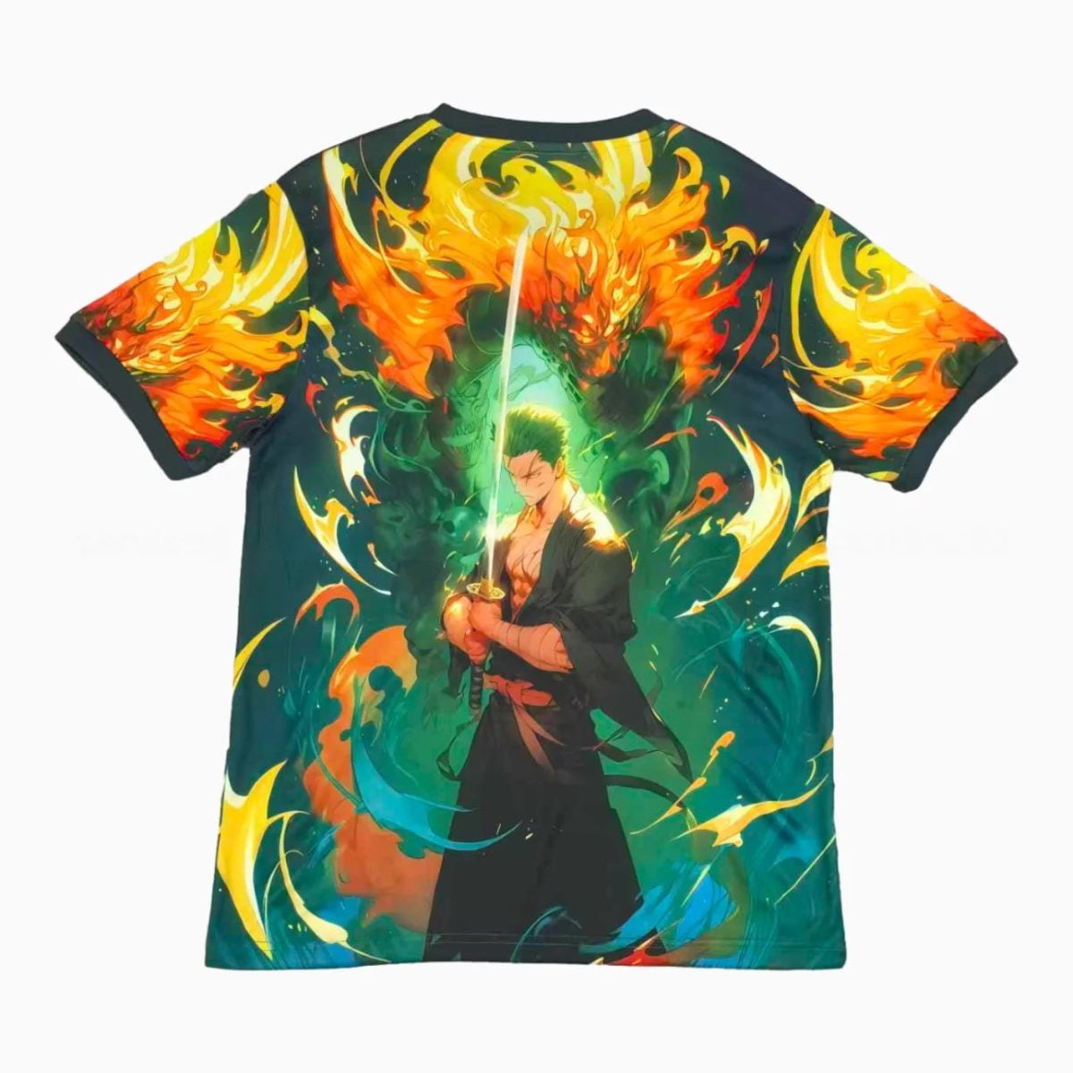 Graphic T-shirt featuring a samurai with a glowing sword surrounded by fiery, swirling colors.