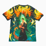 Graphic T-shirt featuring a samurai with a glowing sword surrounded by fiery, swirling colors.