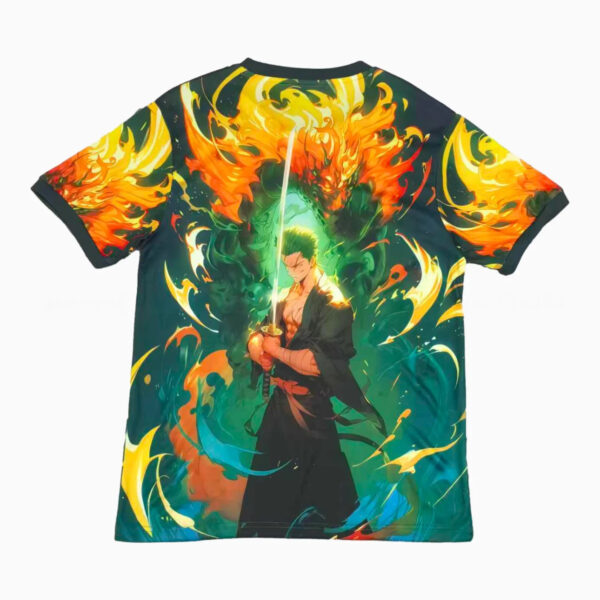 Graphic T-shirt featuring a samurai with a glowing sword surrounded by fiery, swirling colors.