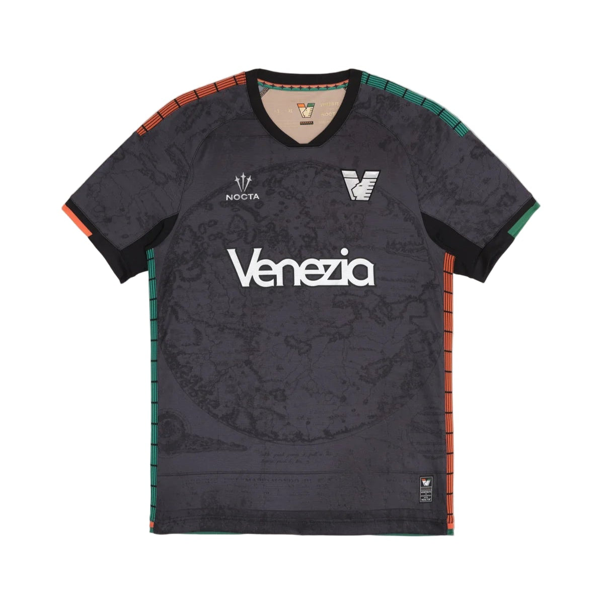 AC_VFC_STILL_202519636_3270ada9-9b96-4e30-b4c3-acde52528c33 | UAE SPORT STORE Dark gray Venezia football jersey with orange and green side piping, Venezia sponsor text across the front and crest on the chest.