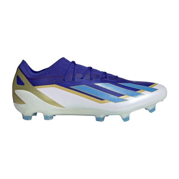 Purple soccer cleat with gold heel counter and light blue stripes viewed from the side, bottom studs visible.