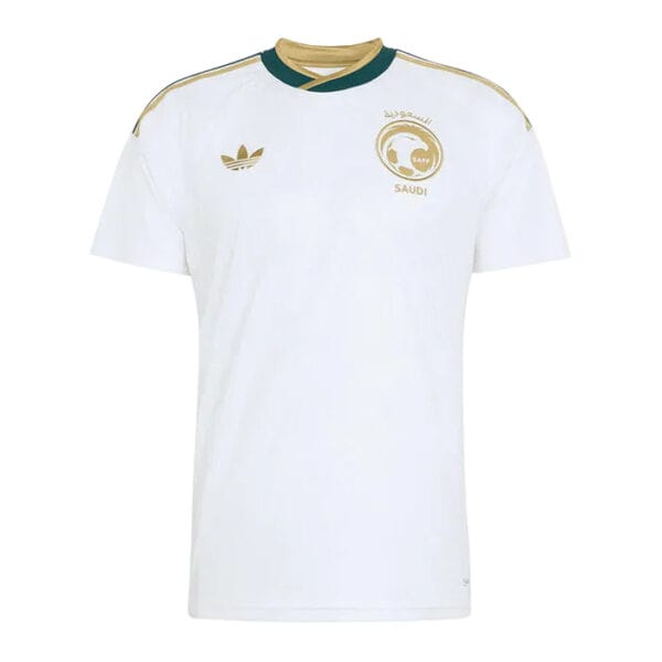 White Saudi national team soccer jersey with gold crest and Adidas logo on chest, short sleeves, green-gold collar trim.