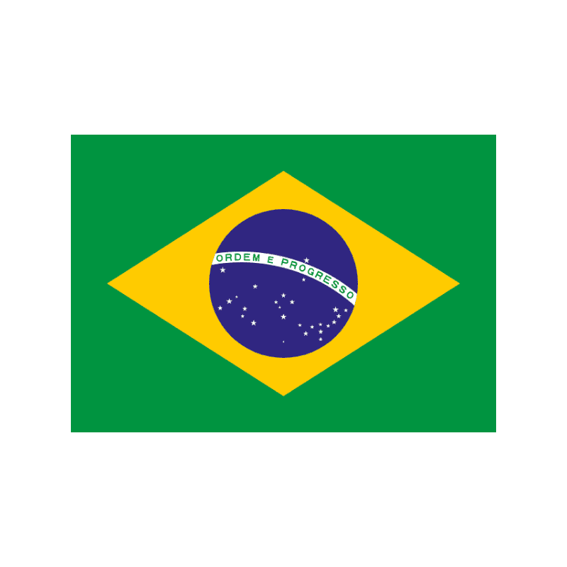 Flag of Brazil: green field with a yellow diamond and a blue globe containing stars and the motto 'Ordem e Progresso'.