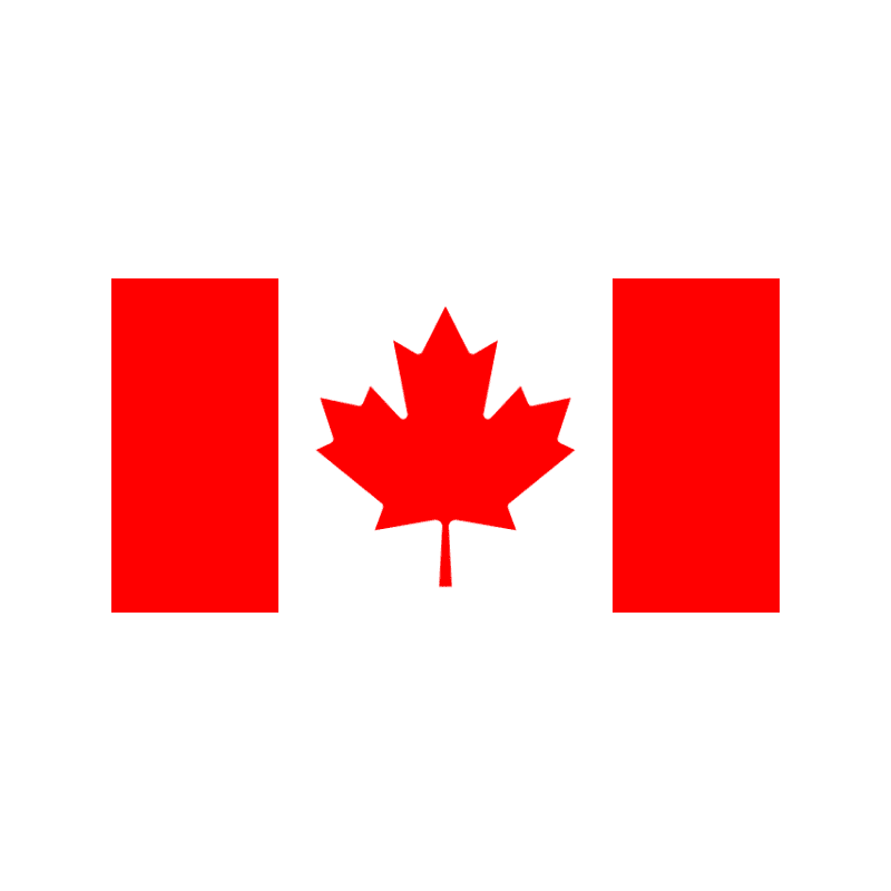 Flag of Canada: white field with two red vertical bars and a red maple leaf in the center.