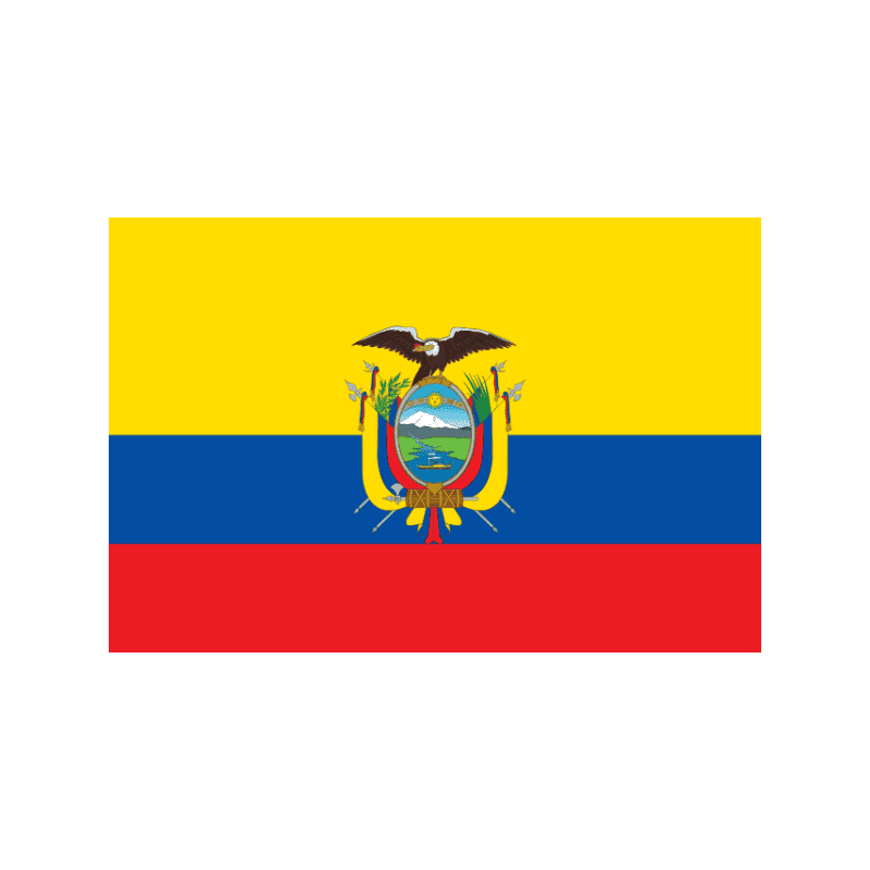 Flag of Ecuador: yellow top stripe, blue middle stripe, red bottom stripe with the national coat of arms in the center.