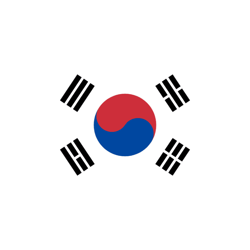 South Korean flag (Taegukgi) with red and blue yin‑yang center and four black trigrams on white background.
