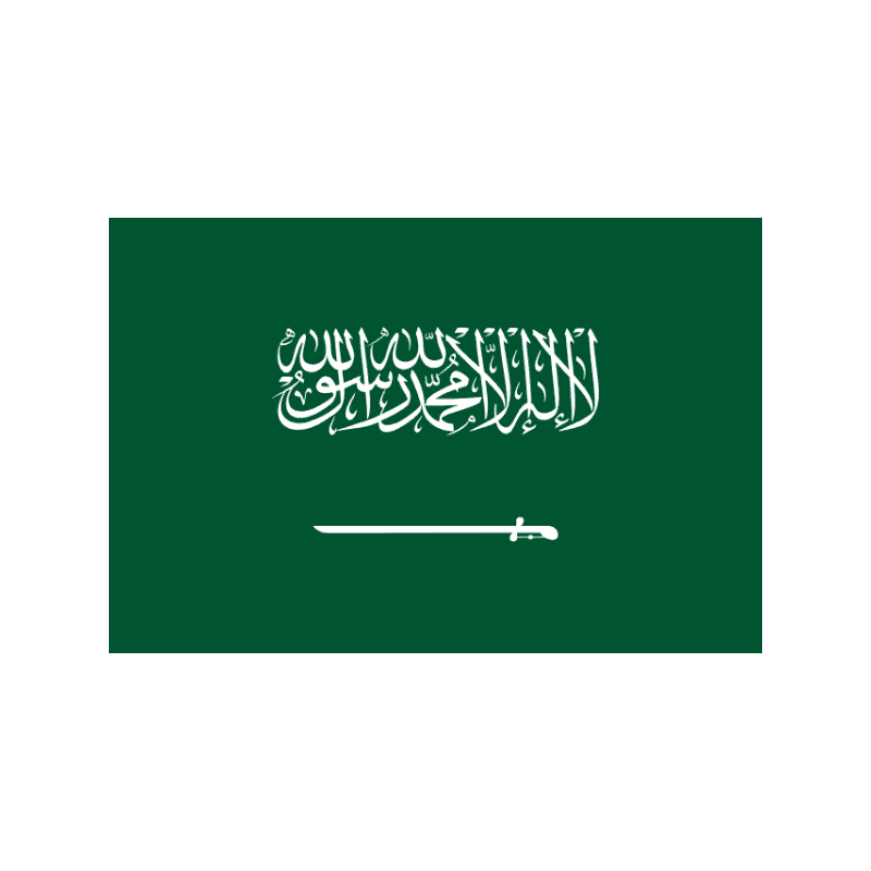 Saudi Arabian flag: green field with white Shahada script above a horizontal white sword.
