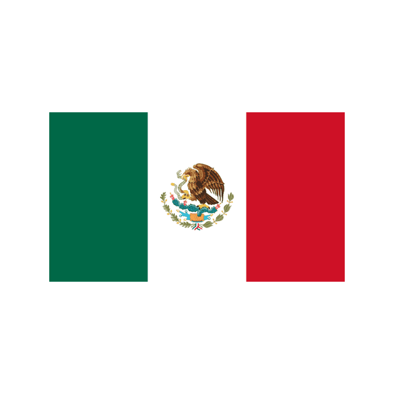 Flag of Mexico: vertical green–white–red tricolor with the national coat of arms in the center white stripe (eagle on a cactus).