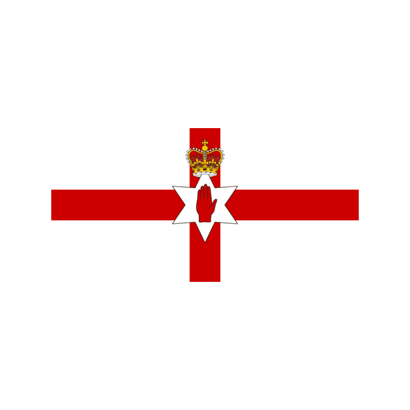 Logo with a red cross and a white central starburst containing a red raised hand, with a crown above on a white background.