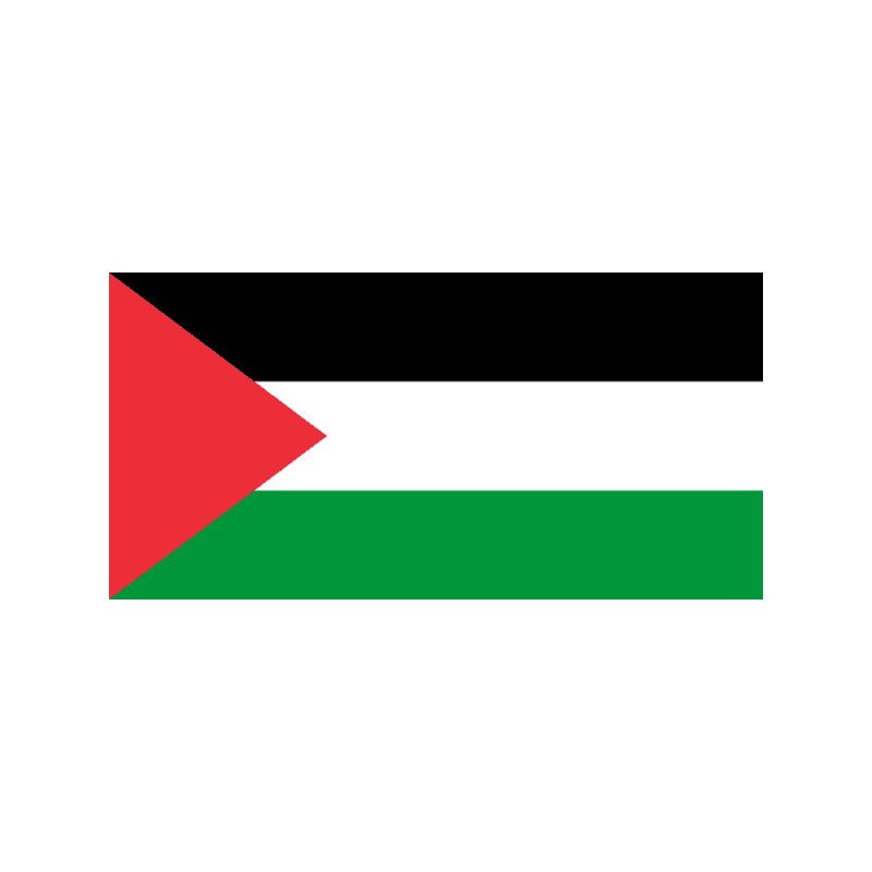 Palestinian flag: black, white, green horizontal stripes with a red triangle at the hoist.