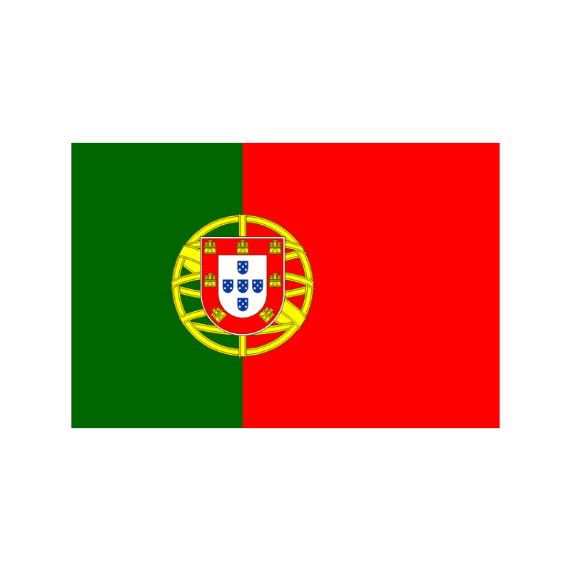 Flag of Portugal: green left half, red right half with the national coat of arms centered where the colors meet