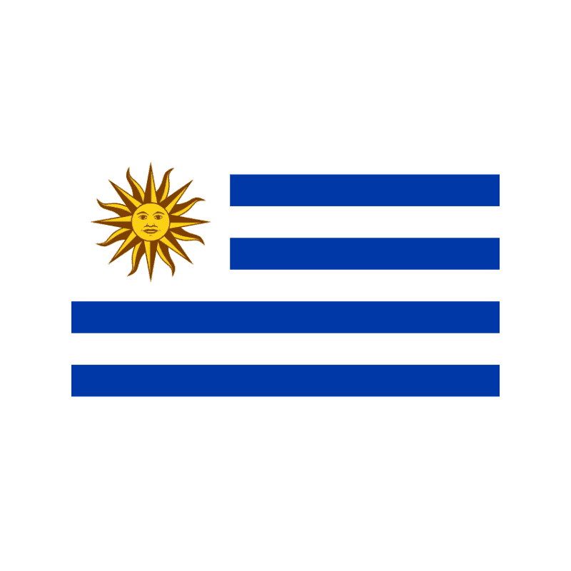 Flag of Uruguay with the Sun of May in the left and blue horizontal stripes on a white field.