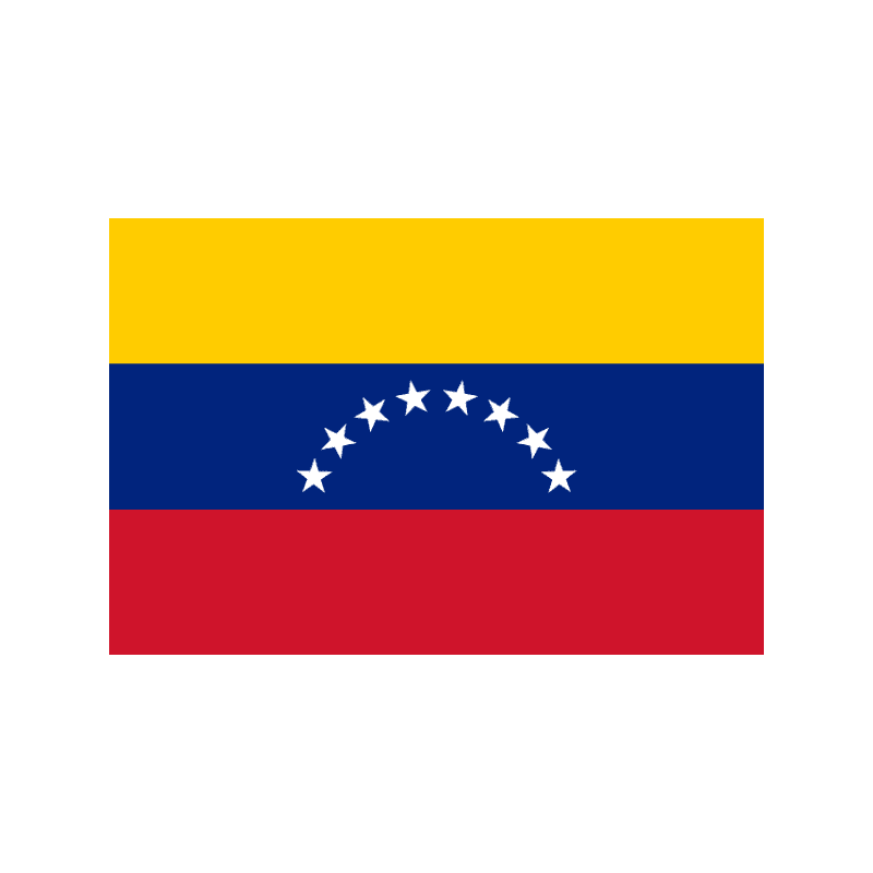 Flag of Venezuela with yellow, blue, and red horizontal stripes and a curved row of white stars on the blue stripe.