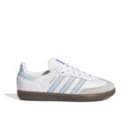 White Samba sneaker with light blue stripes and a brown gum sole, side view