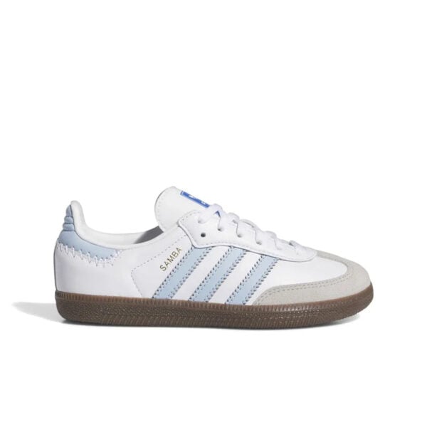 White Adidas Samba sneaker with light blue stripes and a brown gum sole, side view.