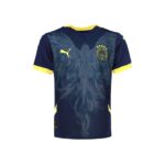 AT013CES104SR | UAE SPORT STORE Blue soccer jersey with yellow trim, featuring a crest on the left chest and a yellow Puma logo