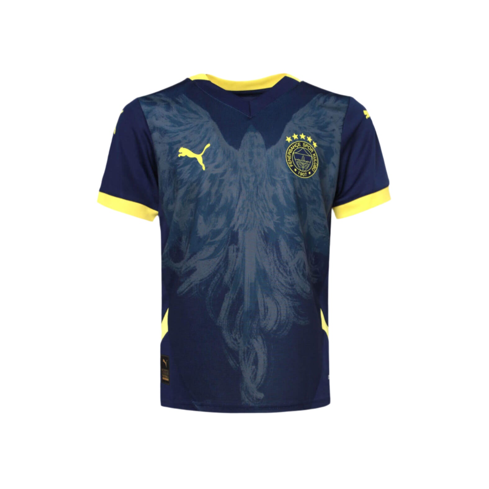 AT013CES104SR | UAE SPORT STORE Blue soccer jersey with yellow trim, featuring a crest on the left chest and a yellow Puma logo