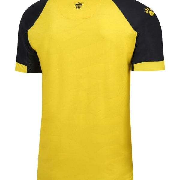 Back view of a bright yellow athletic jersey with black raglan sleeves and a small logo at the neck