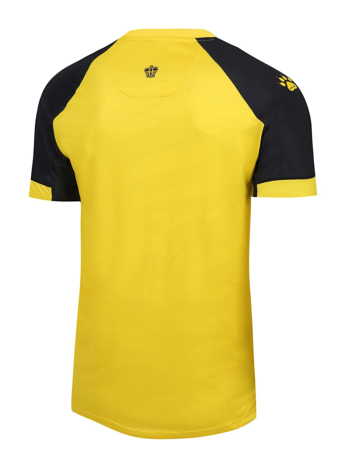 AcTFqJggClIVq5h_ebdb72cf-f2e2-42bf-84fb-e5275c03af89 | UAE SPORT STORE Back view of a bright yellow athletic jersey with black raglan sleeves and a small logo at the neck