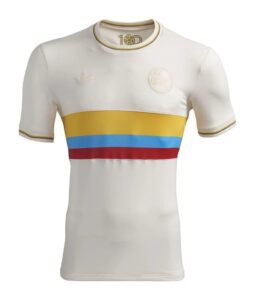 White polo shirt with three horizontal stripes in yellow, blue, and red across the midsection and a small left-chest crest.