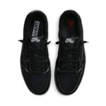 Pair of black Nike Air sneakers viewed from above, with white stitching and perforated toe boxes; Jumpman logo on the right shoe.