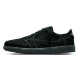 Side view of a black low-top sneaker with white stitching and a grey sole, laced up.