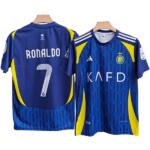 Two blue soccer jerseys with yellow accents shown side by side; one back reads 'RONALDO' and number 7, the other front features a KNFD sponsor and crest.