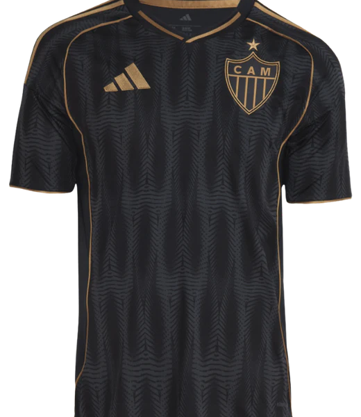 Black soccer jersey with gold trim, CAM club crest and Adidas logo on the chest.