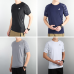 Collage of four models wearing athletic T‑shirts: black, navy, gray, and white with marble pattern on shoulders and Adidas logo on chest; mid‑torso view.