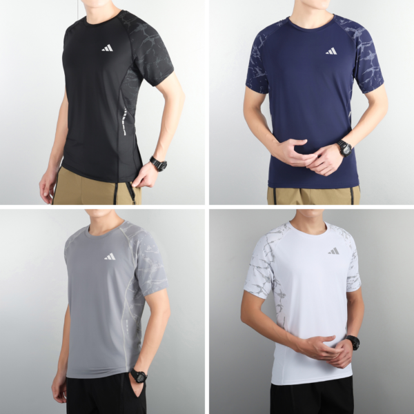 Collage of four models wearing athletic T‑shirts: black, navy, gray, and white with marble pattern on shoulders and Adidas logo on chest; mid‑torso view.