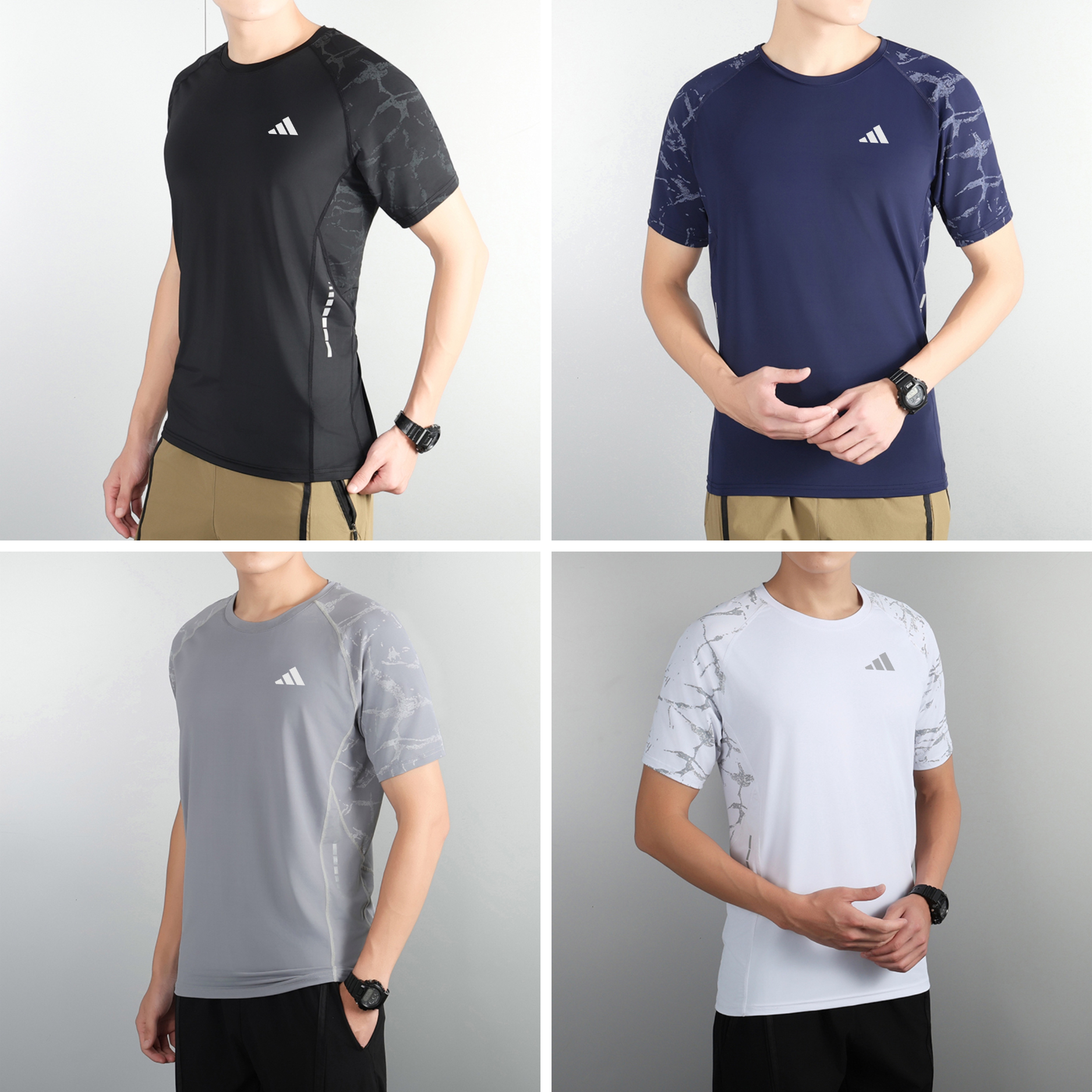 Autumn_2 | UAE SPORT STORE Collage of four models wearing athletic T‑shirts: black, navy, gray, and white with marble pattern on shoulders and Adidas logo on chest; mid‑torso view.