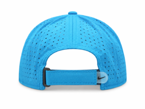 Back view of a bright blue perforated baseball cap with an adjustable strap and Nike swoosh logo at the strap.