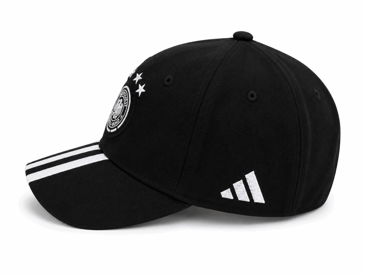 Black baseball cap with a white Adidas logo on the side, a circular front emblem with three stars above it, and white stripes on the brim.