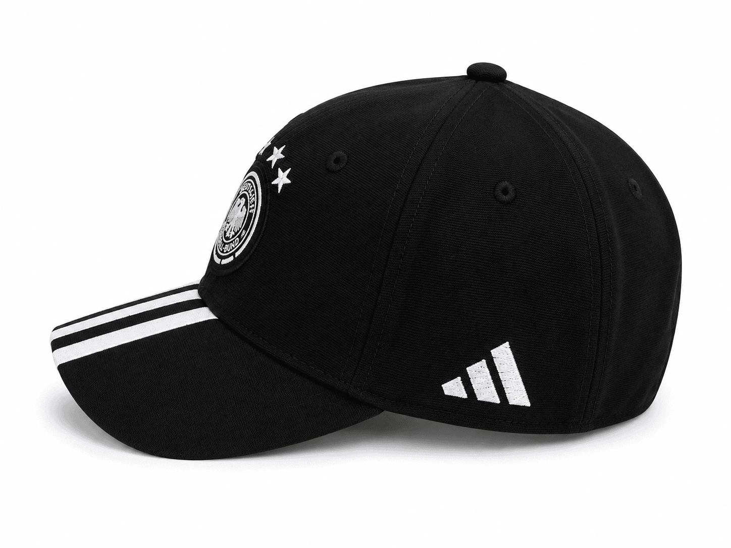 B69C0CC3-7B9F-43B3-9E46-A43BC23AD989 | UAE SPORT STORE Black baseball cap with a white Adidas logo on the side, a circular front emblem with three stars above it, and white stripes on the brim.