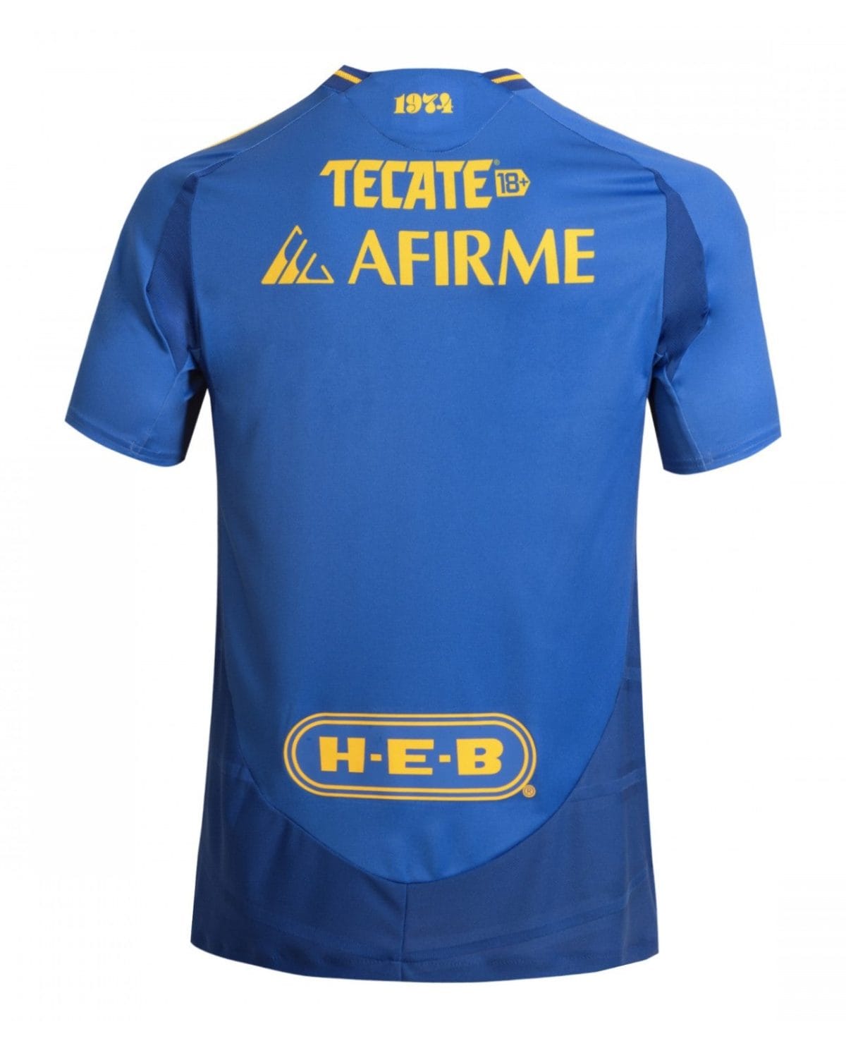 Back view of a blue athletic jersey with yellow sponsor logos 'TECATE 18+' and 'AFIRME' and an H-E-B patch toward the lower back.