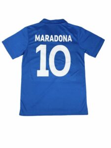Blue soccer jersey with 'MARADONA' and the number 10 on the back, viewed from behind.