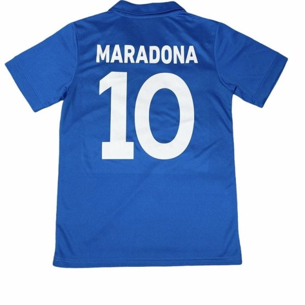 Blue soccer jersey with 'MARADONA' and the number 10 on the back, viewed from behind.