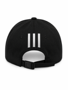BE0F84E1-B19B-4668-ADA6-99D92036E25A | UAE SPORT STORE Back view of a black baseball cap with three vertical silver stripes and an adjustable strap