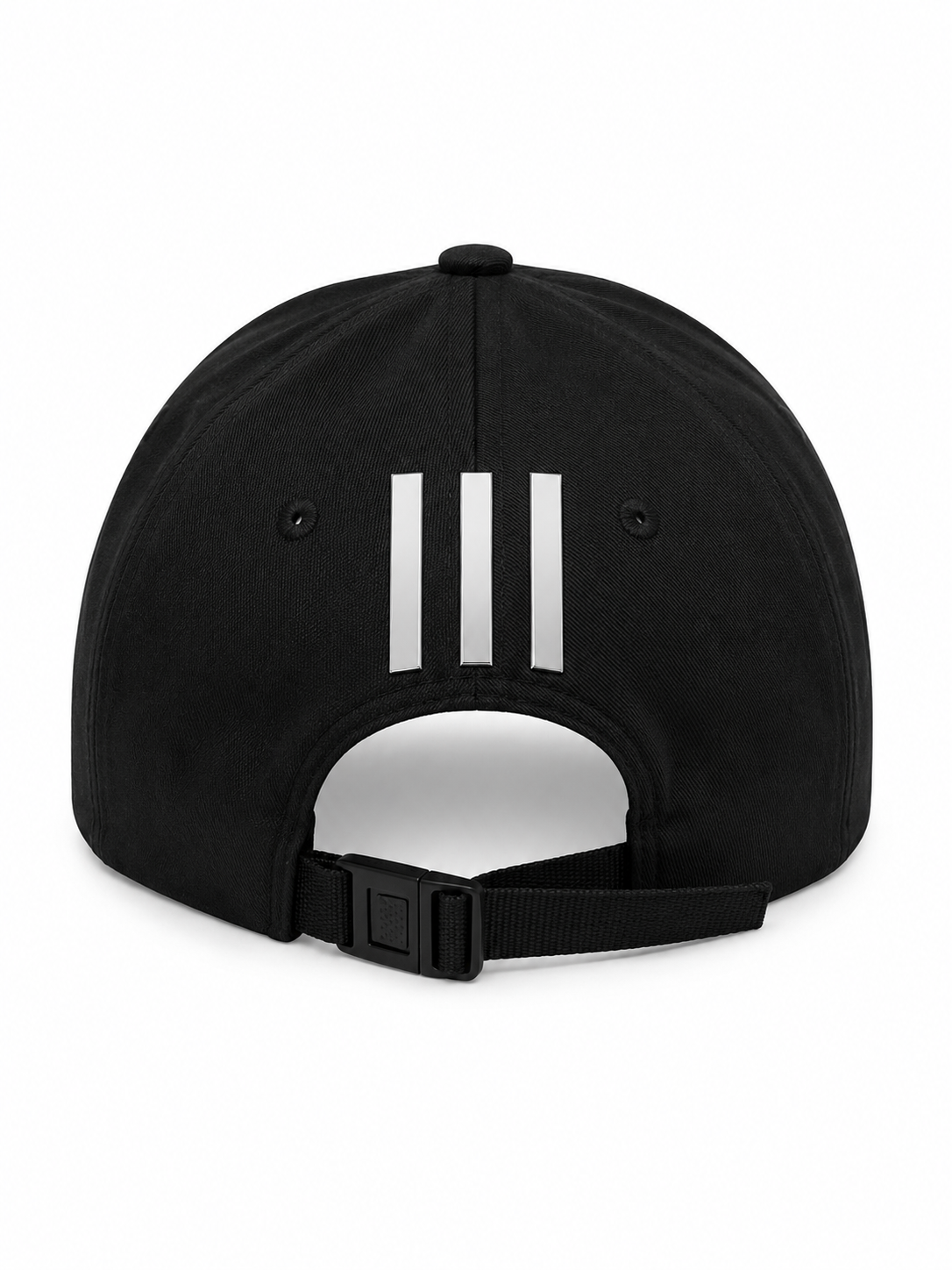 BE0F84E1-B19B-4668-ADA6-99D92036E25A | UAE SPORT STORE Back view of a black baseball cap with three vertical silver stripes and an adjustable strap